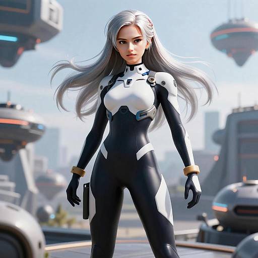 Futuristic Woman in Sci-Fi Bodysuit with High-Tech City Background
