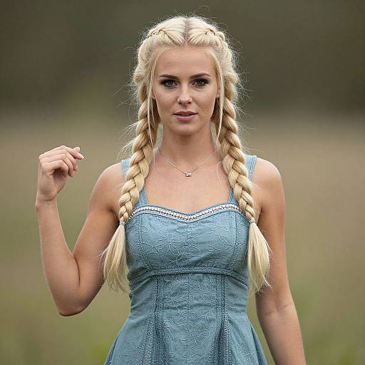 Blonde Woman with Braided Hair in Blue Embroidered Dress Outdoors