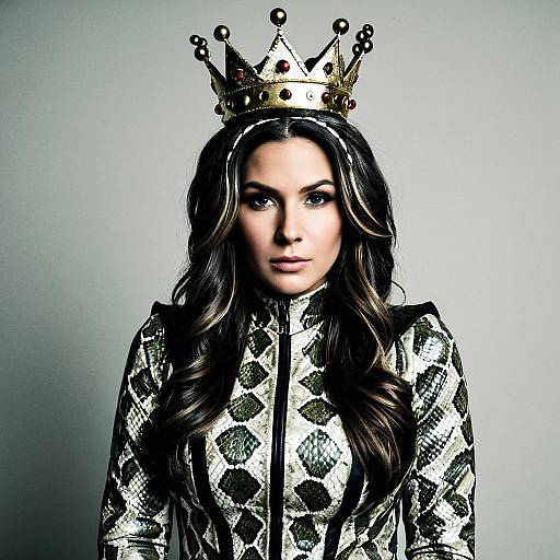 Woman in Snake Skin Outfit with Crown Wearing Regal Fashion