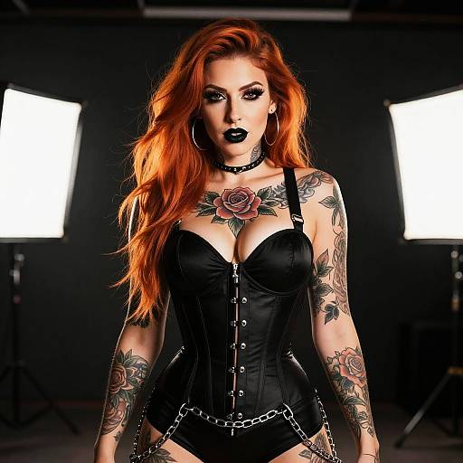 Red Haired Woman in Black Leather Corset with Floral Tattoos Studio Portrait