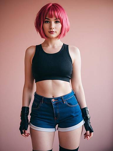 Woman in Black Crop Top and Denim Hot Pants with Pink Hair
