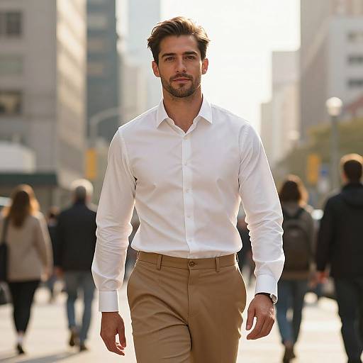 Man in White Shirt and Beige Trousers Walking in Urban Street