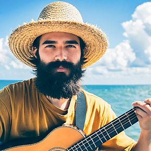 Bearded Man Playing Guitar by the Sea