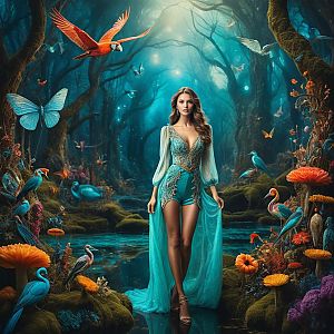 Woman in Turquoise Gown in Mystical Forest