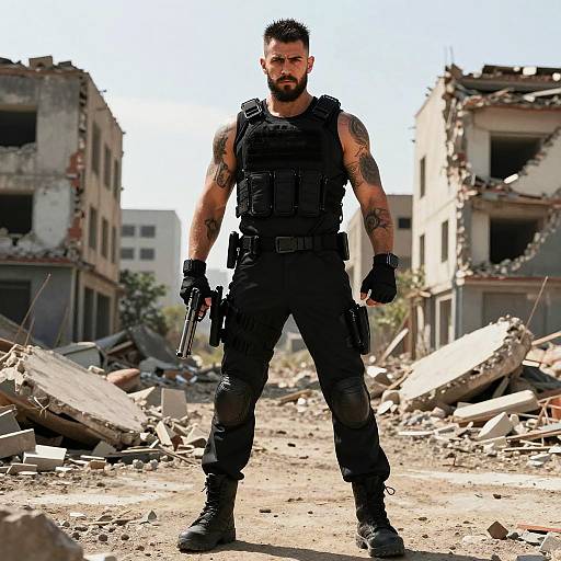 Tactical Man Standing in War-Torn Urban Ruins Holding Handgun