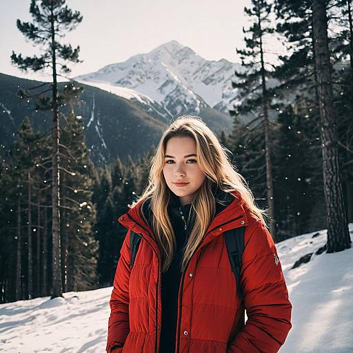 Young Woman in Red Jacket in Snowy Mountain Forest