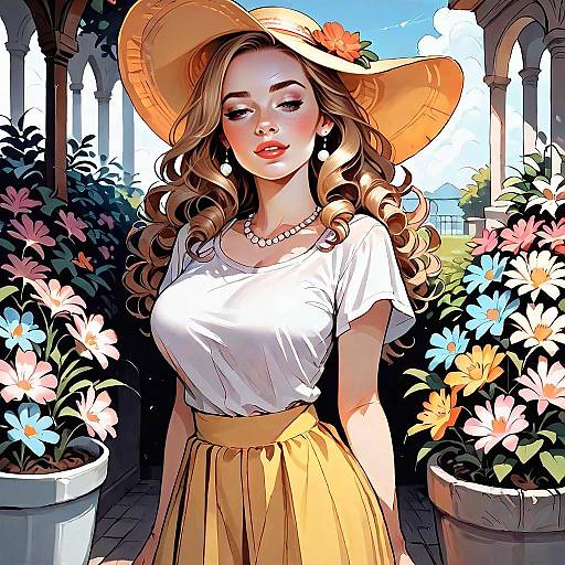 Elegant Woman in Yellow Skirt and Wide-Brimmed Hat in Vibrant Garden Digital Art