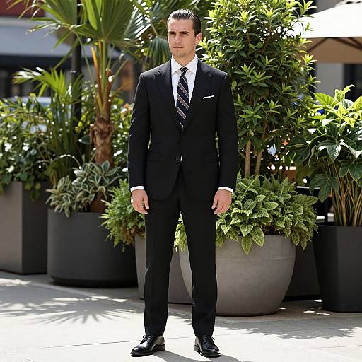 Man in Black Suit Standing Outdoors with Green Plants