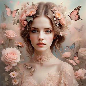 Serene Young Woman in Lace Gown with Roses and Butterflies