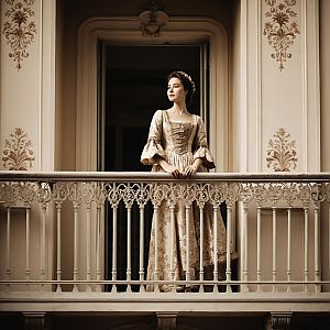 Elegant Woman in Vintage 18th-Century Gown on Ornate Balcony