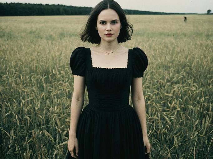 Woman in Black Concert Dress Standing in Wheat Field