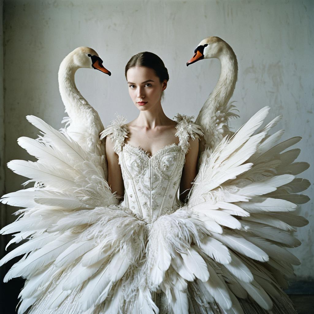Elegant Woman in Feathered Gown with Two Swans Artistic Portrait