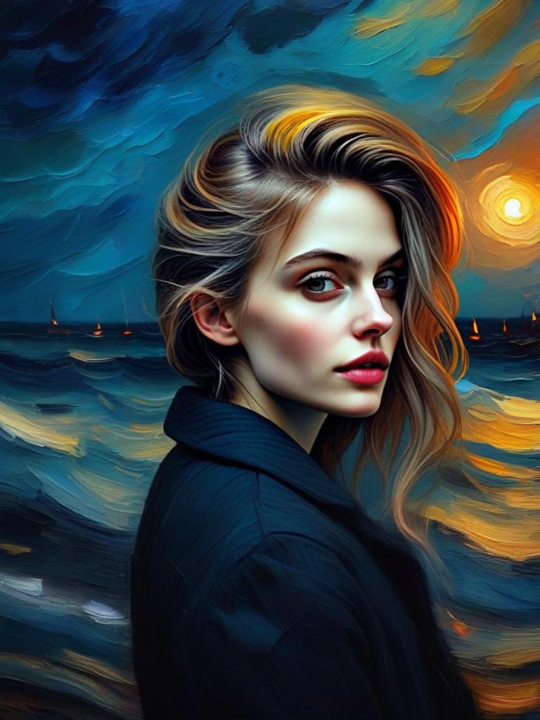 Portrait of a Woman Against Vibrant Seascape at Sunset