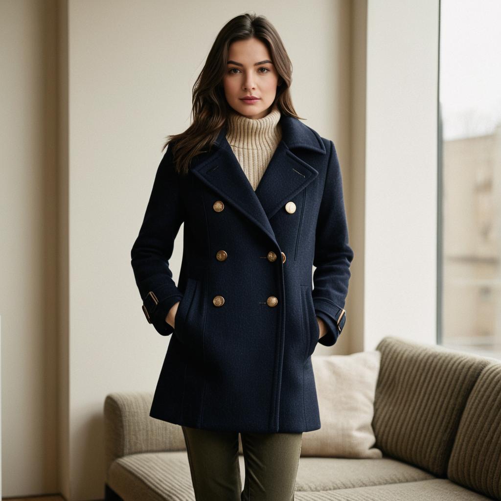 Woman Wearing Stylish Navy Blue Double-Breasted Wool Coat Indoors