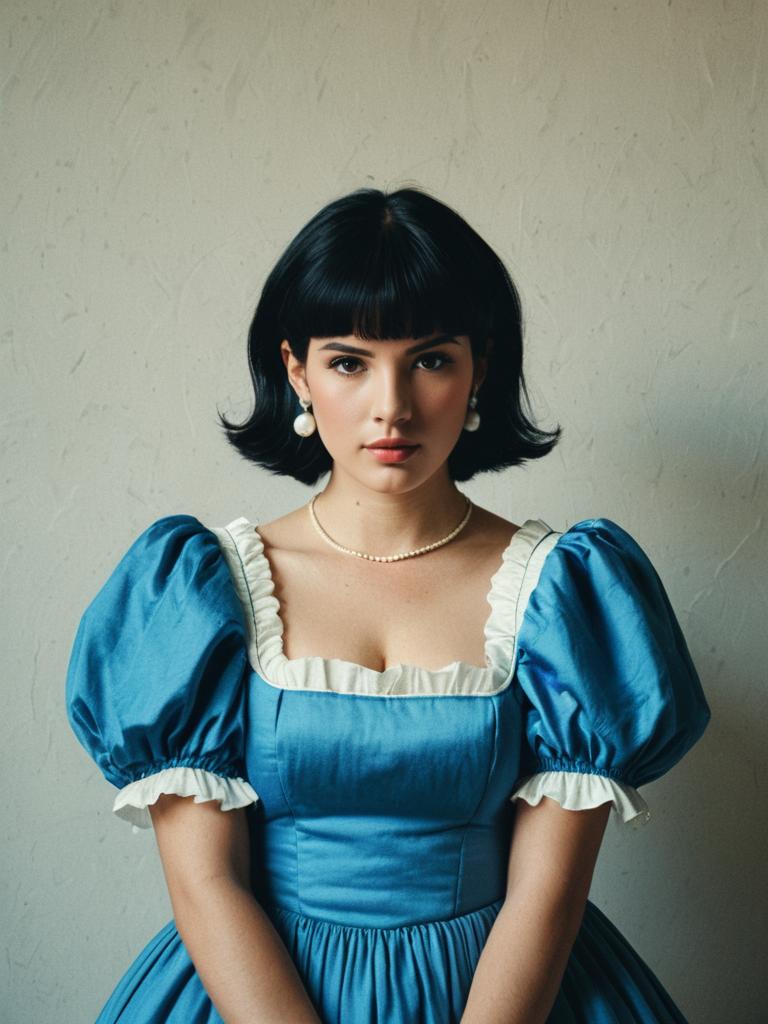 Woman in Vintage Blue Puffy Sleeve Dress with Pearl Accessories