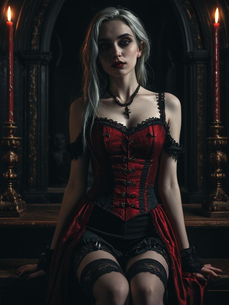 Gothic Woman in Red Victorian Corset Dress with Lace Garters