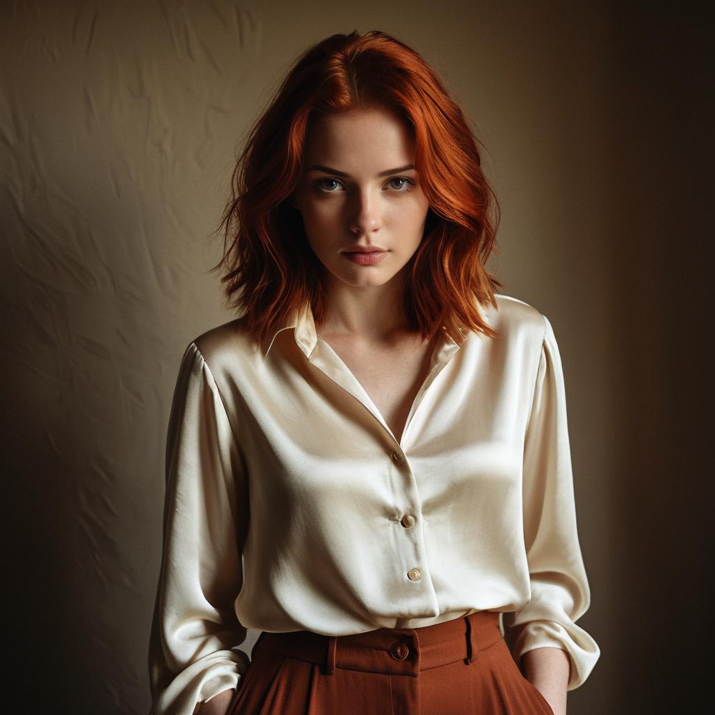 Red Haired Woman in Silk Blouse and Rust High-Waisted Pants Fashion Portrait
