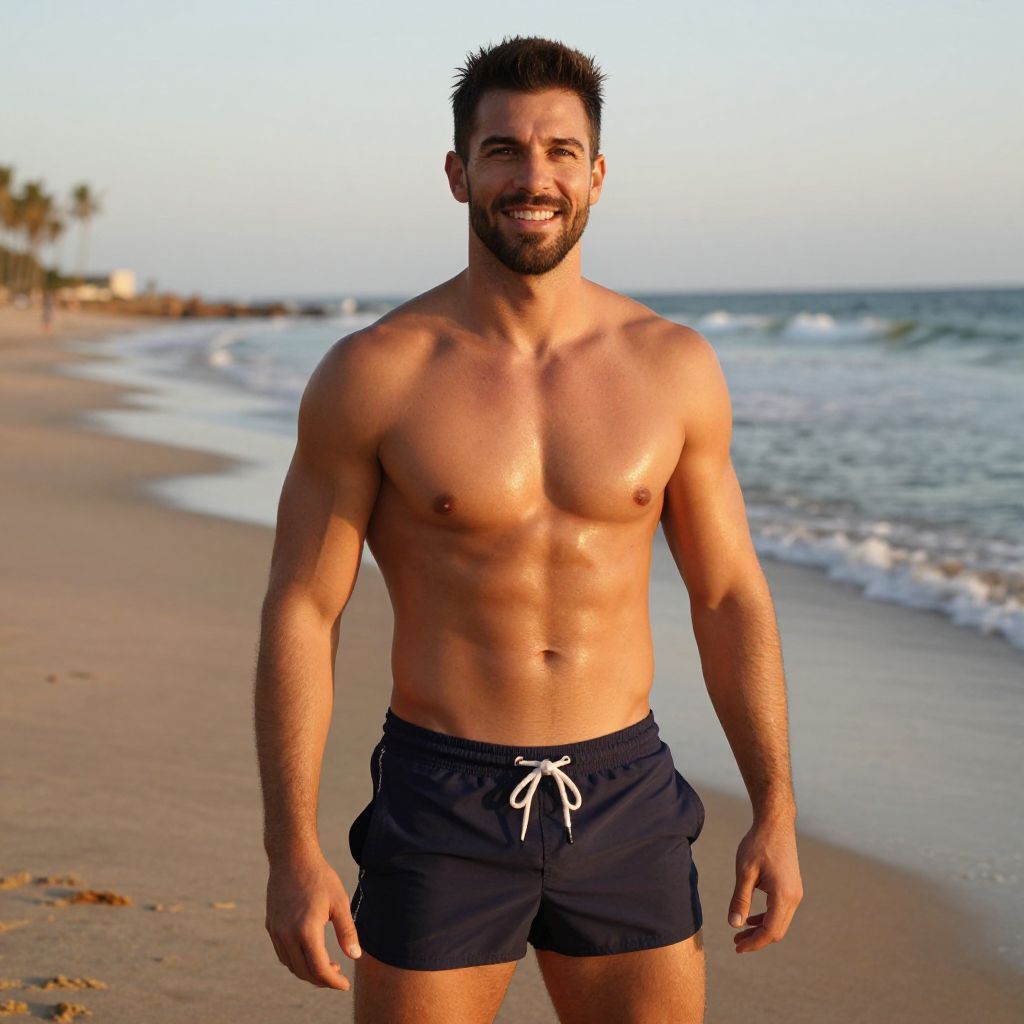 Fit Man on Beach Wearing Blue Swim Trunks at Sunset