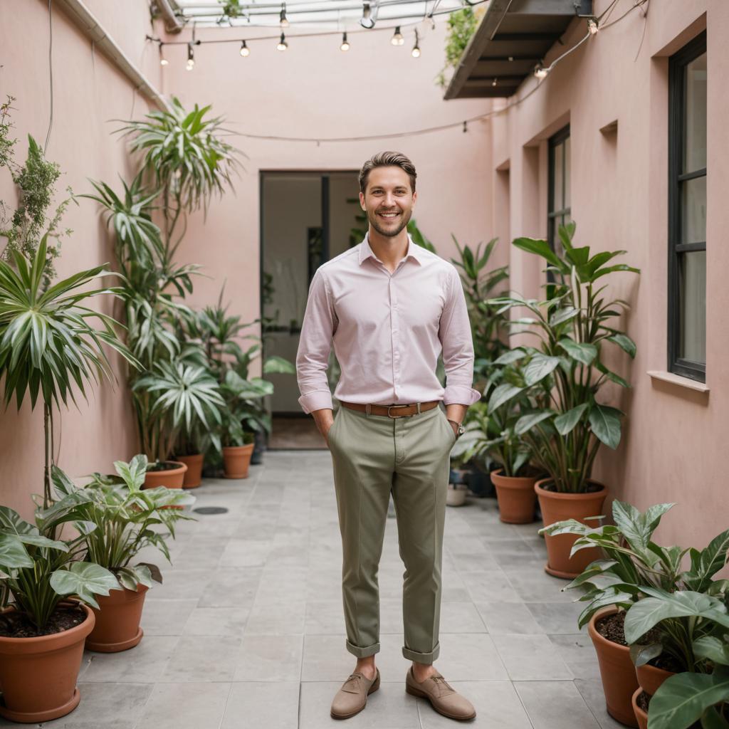 Confident Man in Serene Courtyard