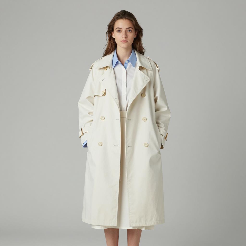 Woman Wearing Classic Off-White Trench Coat with Blue Shirt