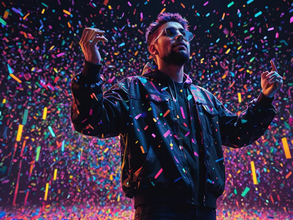 Stylish Young Man Dancing in Colorful Confetti