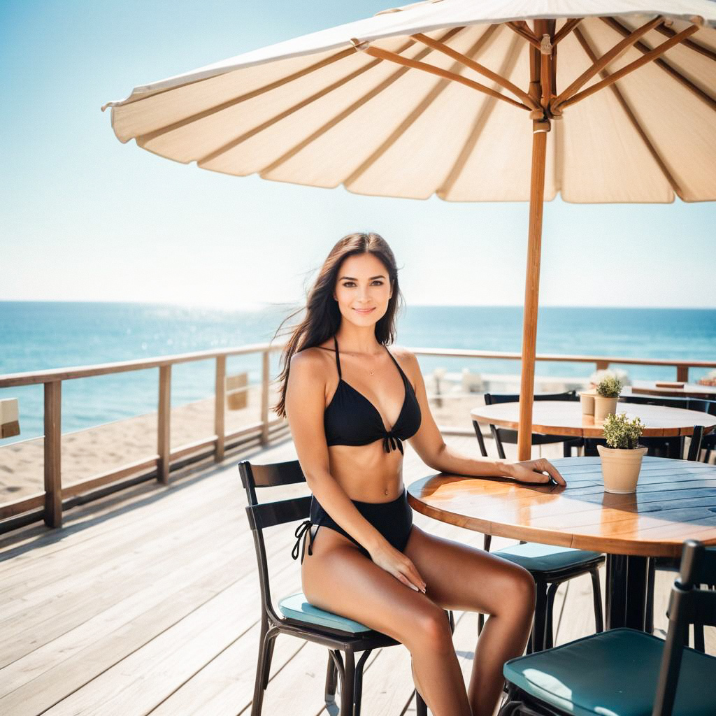 Young woman in black bikini at beachside table