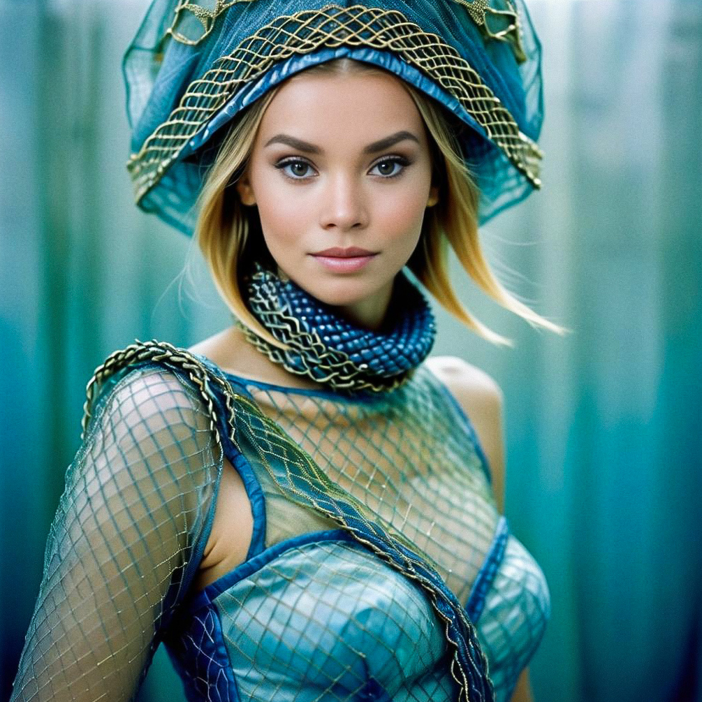 Elegant Woman in Blue Mesh Ensemble with Artistic Headpiece