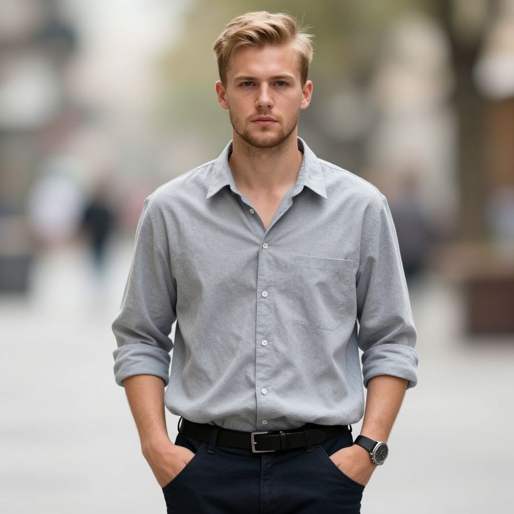 Confident Young Man in Casual Grey Shirt Outdoors