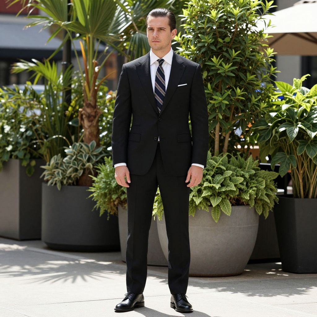 Man in Black Suit Standing Outdoors with Green Plants
