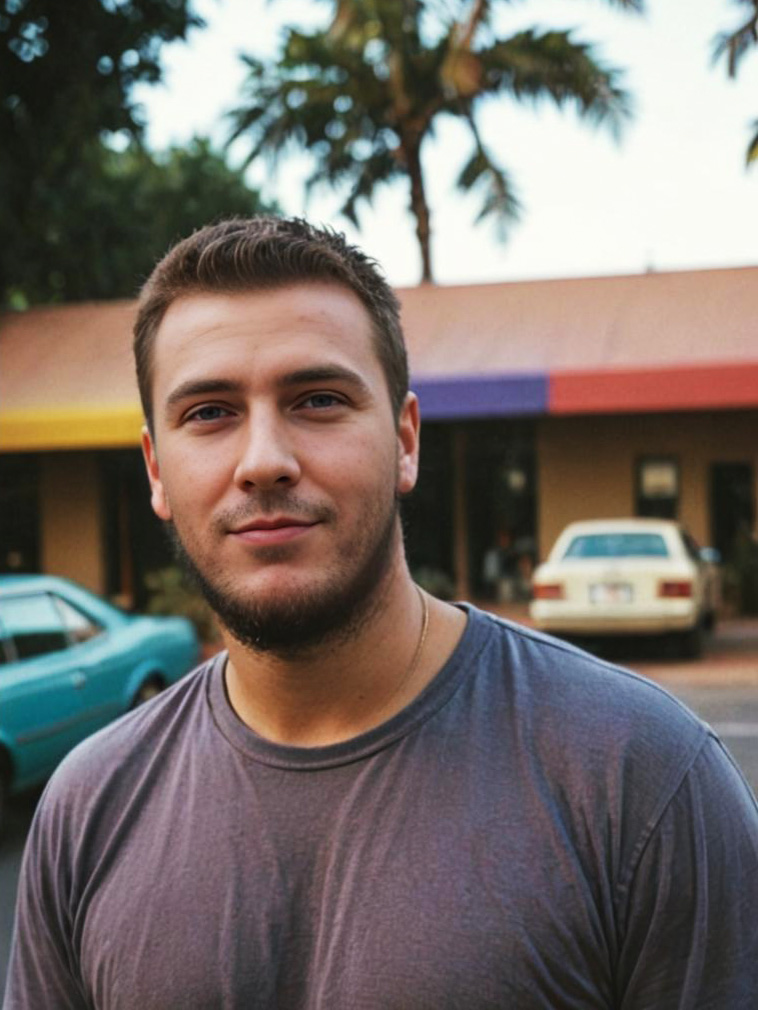 Man in front of colorful building and cars