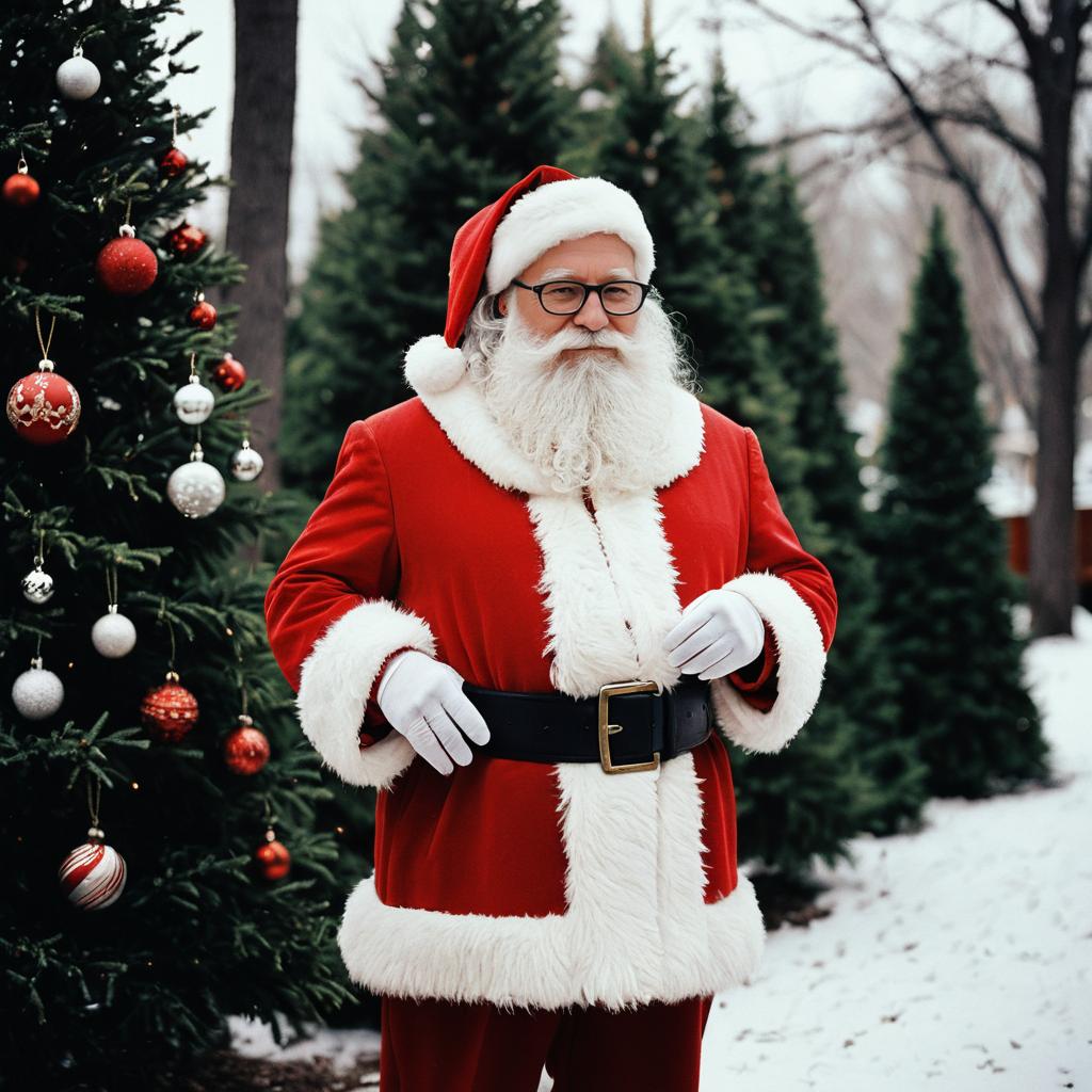 Realistic Santa Claus in Traditional Red Suit Outdoors with Christmas Trees Realistic Santa Claus in Traditional Red Suit Outdoors with Christmas Trees
