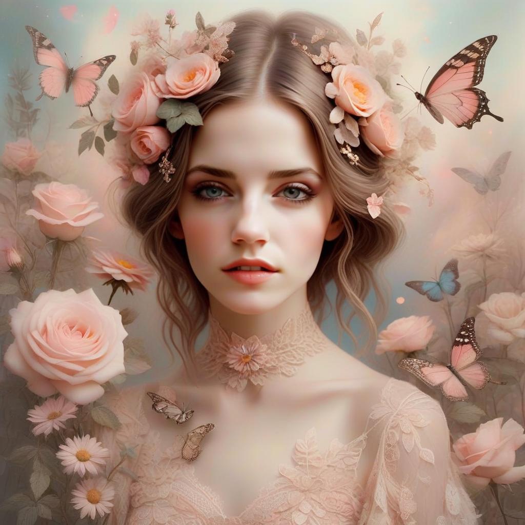 Serene Young Woman in Lace Gown with Roses and Butterflies
