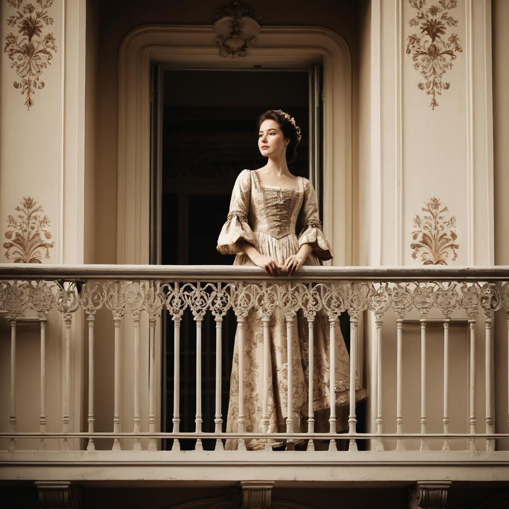 Elegant Woman in Vintage 18th-Century Gown on Ornate Balcony