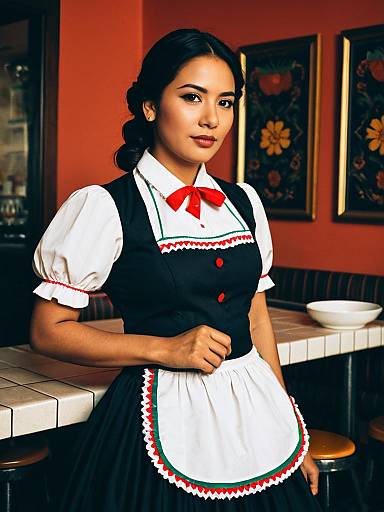 Mexican Woman in Traditional Waitress Costume Waist Up Portrait
