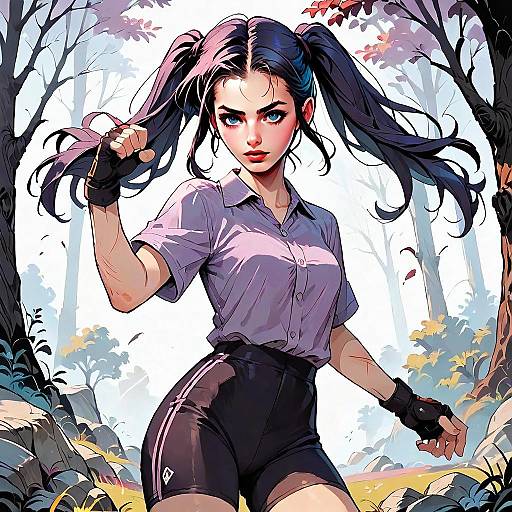 Dynamic Young Woman in Stylized Digital Artwork Forest Setting