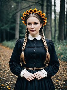 Young Woman in Vintage Dress with Sunflower Crown in Autumn Forest