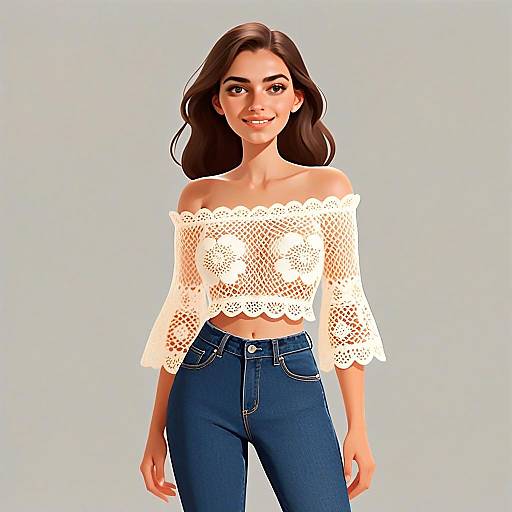 Smiling Woman in Boho Chic Off-Shoulder Lace Crop Top and Blue Jeans