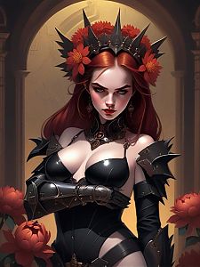 Confident Woman in Spiked Armor with Red Flower Crown