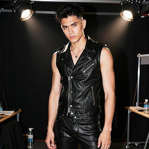 Gen Z Stylish Man Wearing Black Leather Sleeveless Biker Vest and Pants