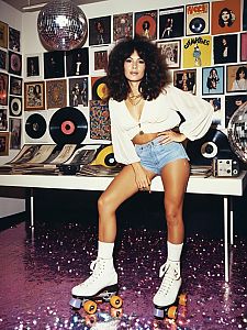 Retro 70s Disco Style Woman with Roller Skates and Vinyl Records