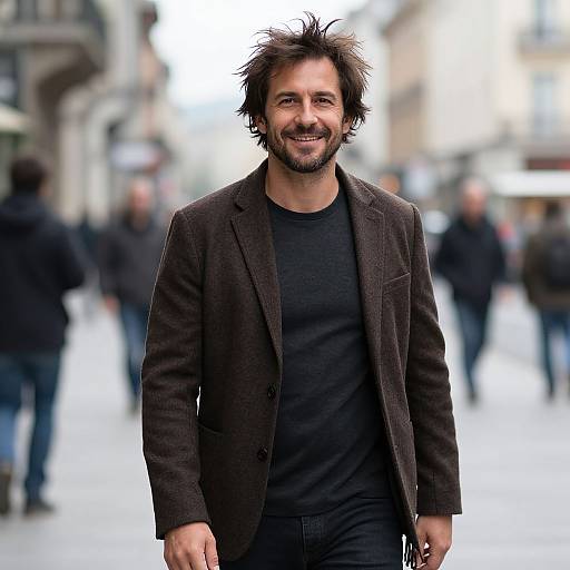 Casual Man Walking Confidently on City Street in Brown Blazer
