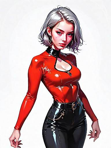Realistic Digital Portrait of Woman in Red Latex Top and Black Vinyl Pants