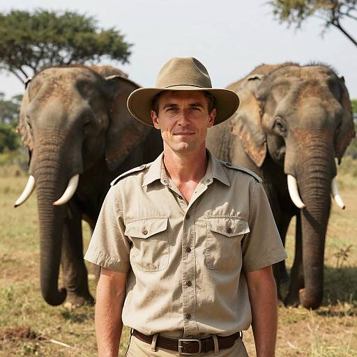 Man in Safari Attire Standing with Elephants in African Savanna