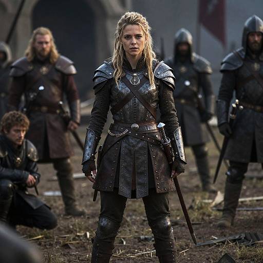 Medieval Woman Warrior in Armor Standing with Soldiers on Battlefield