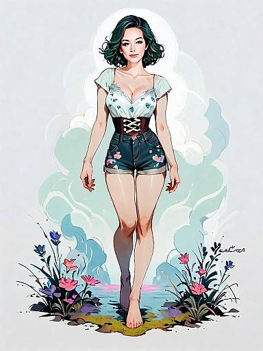 Stylish Woman in Floral Outfit Walking Through Fantasy Garden Digital Illustration