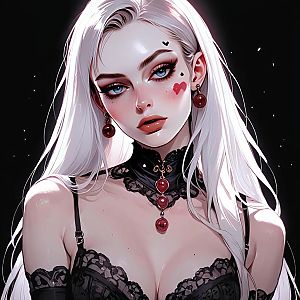 Woman with White Hair and Blue Eyes in Black Lace