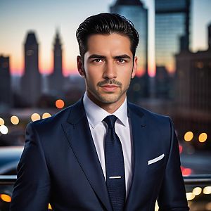 Confident man in navy suit against urban skyline at dusk
