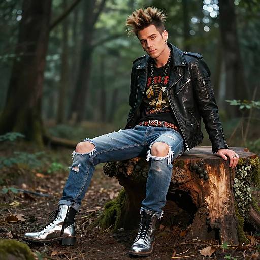 Punk Rock Man in Leather Jacket and Ripped Jeans Sitting in Forest