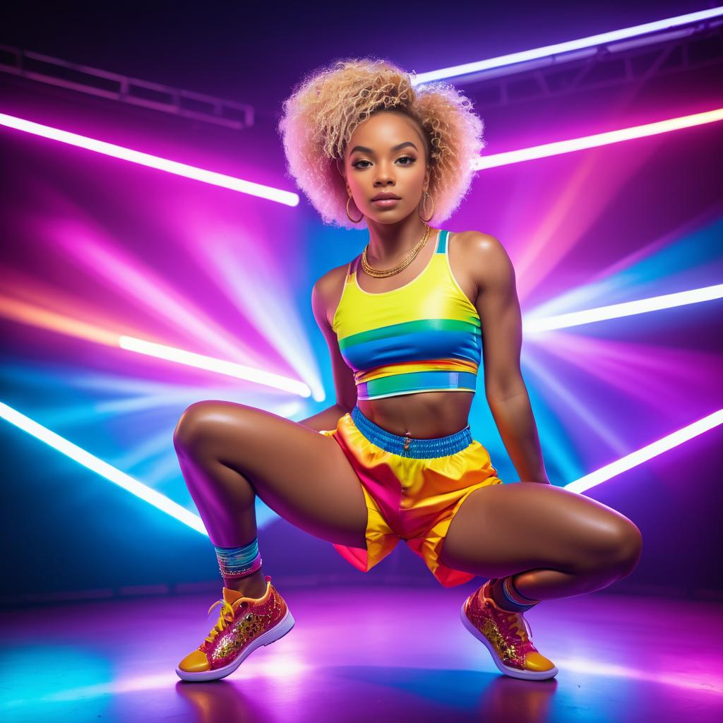 Confident Woman in Colorful Athletic Outfit with Neon Lights