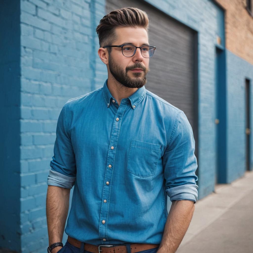 Stylish man with beard and glasses in casual attire against blue brick wall